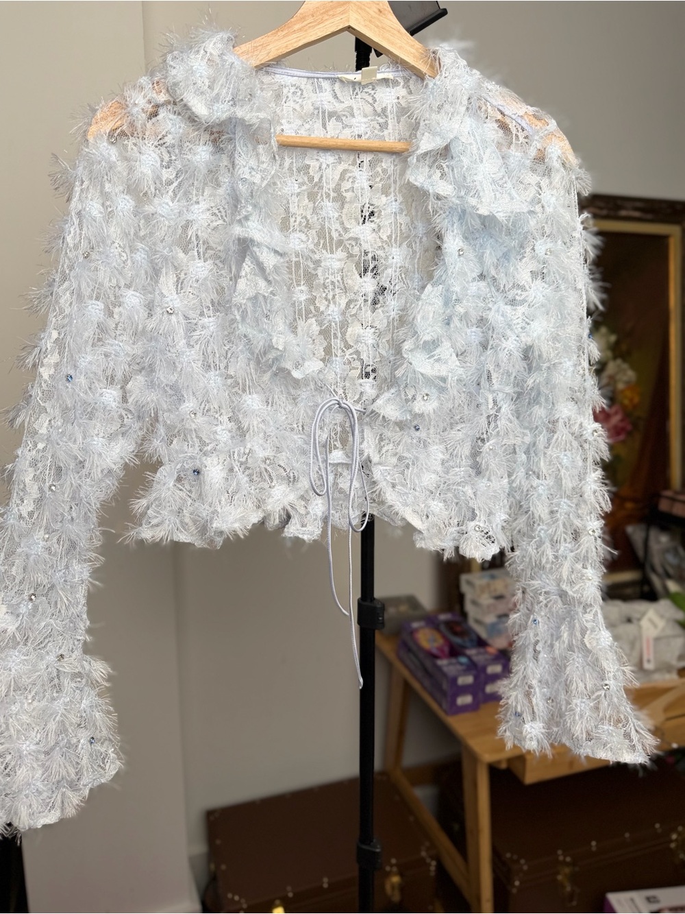For Love And Lemons Feather-Texture Tie-Front Jacket - Pale Blue